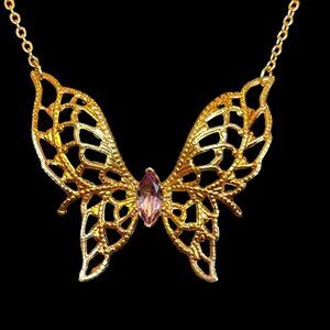 Vintage LIND 14K Gold Electroplate Marquise Purple Amethyst Butterfly Necklace